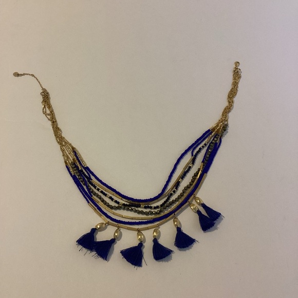 Stella & Dot Tulum Necklace Tassel Fringe Multi Strand Blue Gold Layers - Picture 5 of 16